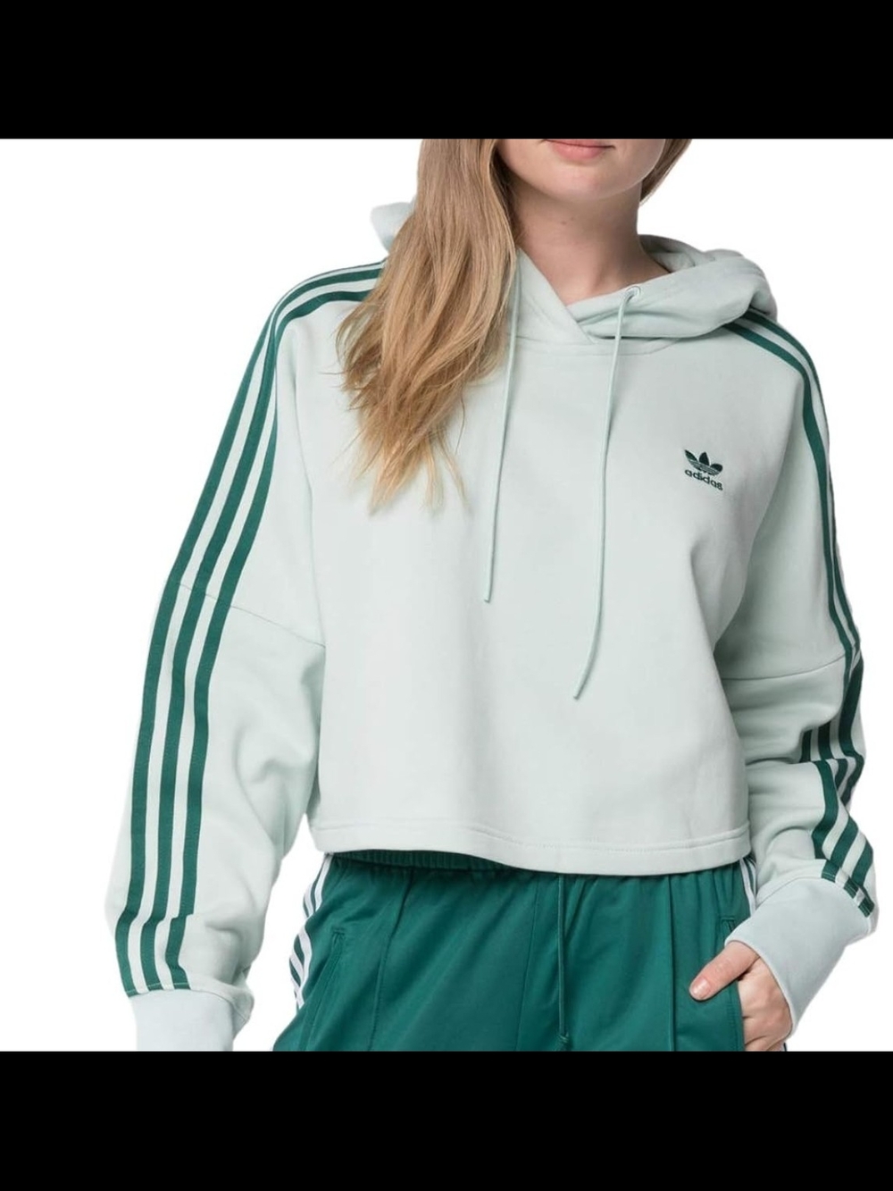 Adidas Cropped Hoodie in Light Mint with Forest Green Stripes Small